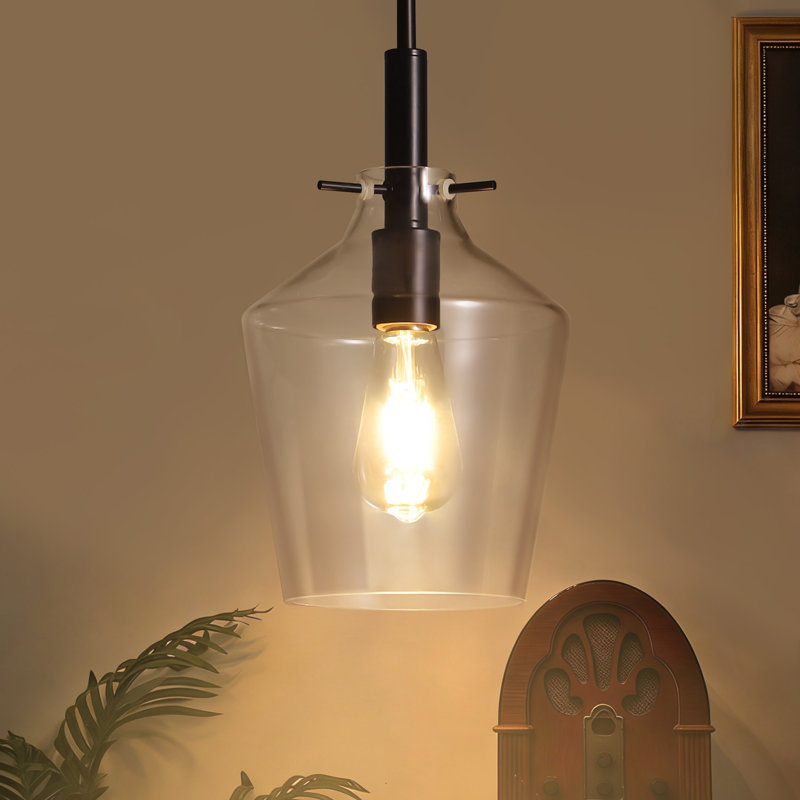 Luminaire suspendu moderne 1 lumière avec abat-jour en verre martelé transparent Bell, Noir mat