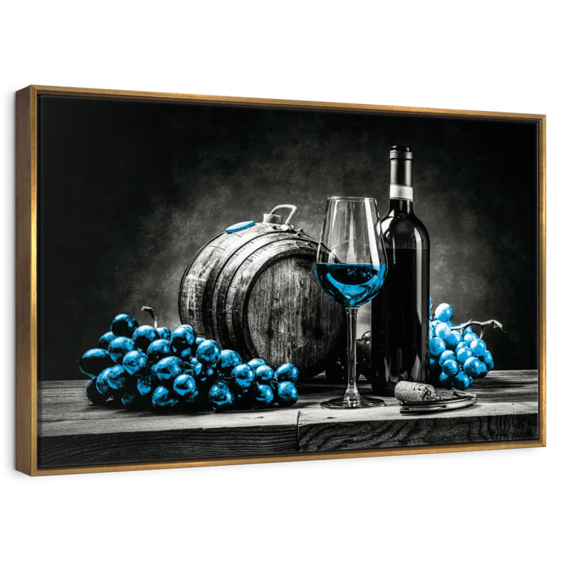 Vin et raisins - bleu éclatant, 37 po x 25 po, Cadre flottant doré