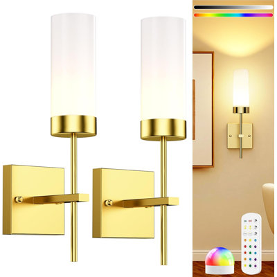 Ensemble de 2 appliques murales rechargeables dorées sans fil à télécommande avec télécommande, 3 ampoules à intensité variable et 12 couleurs RVB, ampoules magnétiques, minuterie et mémoire, pour le couloir du salon