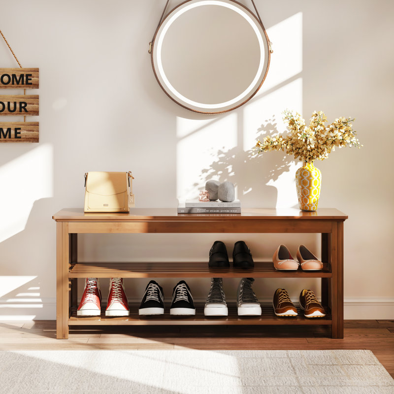 39.4" Bamboo Shoe Storage Bench Entryway Bench 2-Tier Shoe Rack, 16.5" H x 39.4" W x 11.2" D