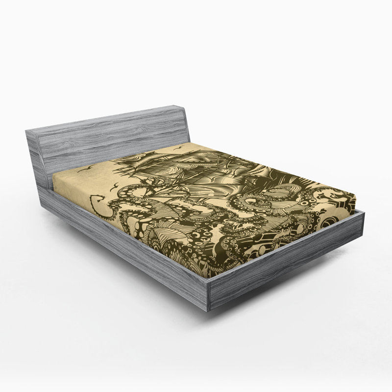 Ambesonne Nautical Fitted Sheet 2-Pack Retro Ship Octopus Theme Yellow Olive, California King Fitted Sheet