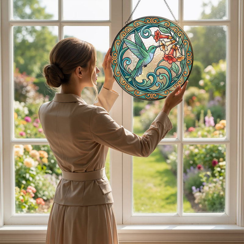 Panneau de vitrail à motif floral Colibri ， H 12 po, 12"H