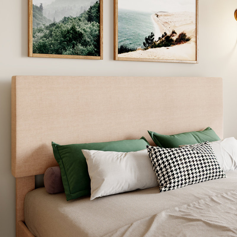 Lit plateforme simple tapissier Avel, Lin beige, Grand