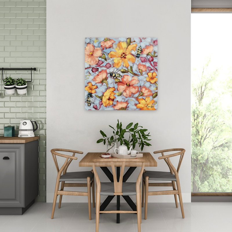 «Flying Fancy Abstract Contemporary Bee Spring Flower Art», H 32 po x l 32 po