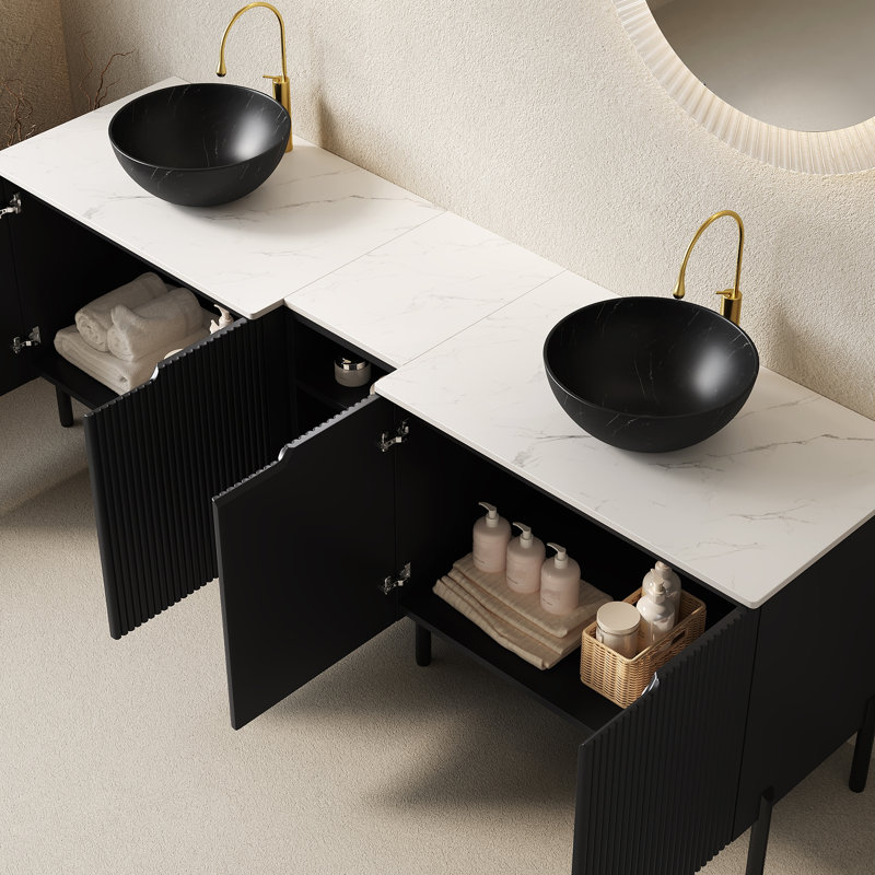 Meuble-lavabo double autoportant avec plateau en pierre frittée et vasques, 59.84