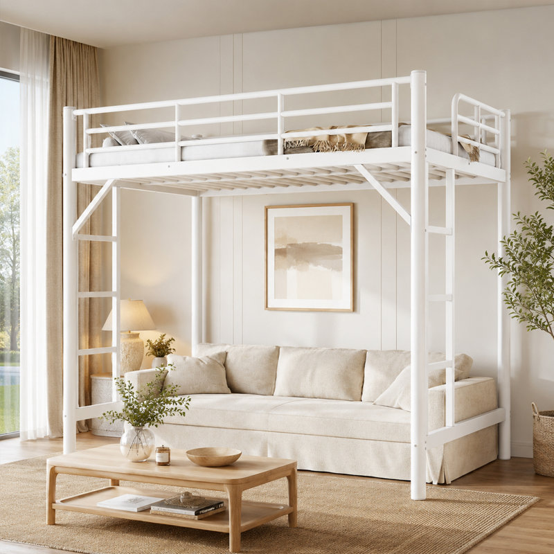 Lit mezzanine simple avec échelles, lit mezzanine simple en métal pour adultes, adolescents, enfants, amplement d'espace sous le lit et aucun sommier nécessaire, blanc