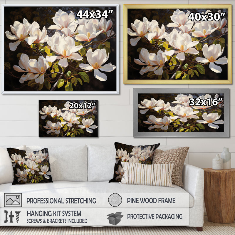 Blanc, jaune, magnolia et magnolia - art mural Magnolias, H 24 po x l 32 po x P 1 po, Toile tendue