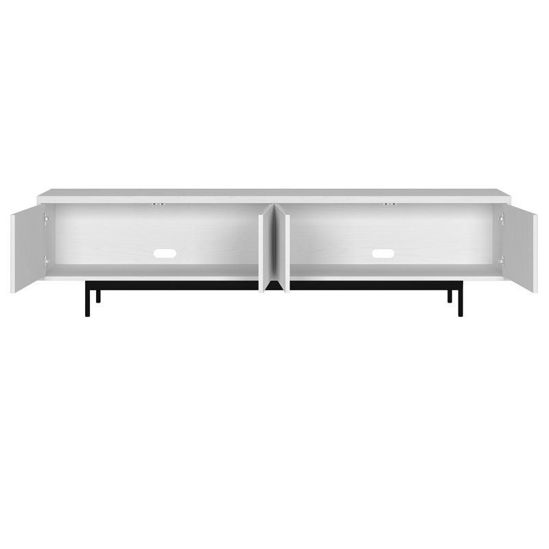 Meuble télé 75 po pour téléviseur de 85 po ou moins avec portes cannelées, rangement et gestion des câbles - Console média moderne de style Mid-Century blanc pour le salon | Whitman
