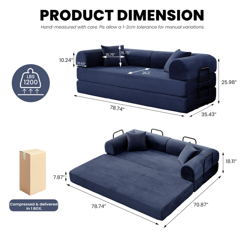 4-in-1 Convertible Corduroy Sofa Bed - Folding Floor Futon Sleeper with Pillows, Boneless Lounge Loveseat for Living Room Bedroom,Blue