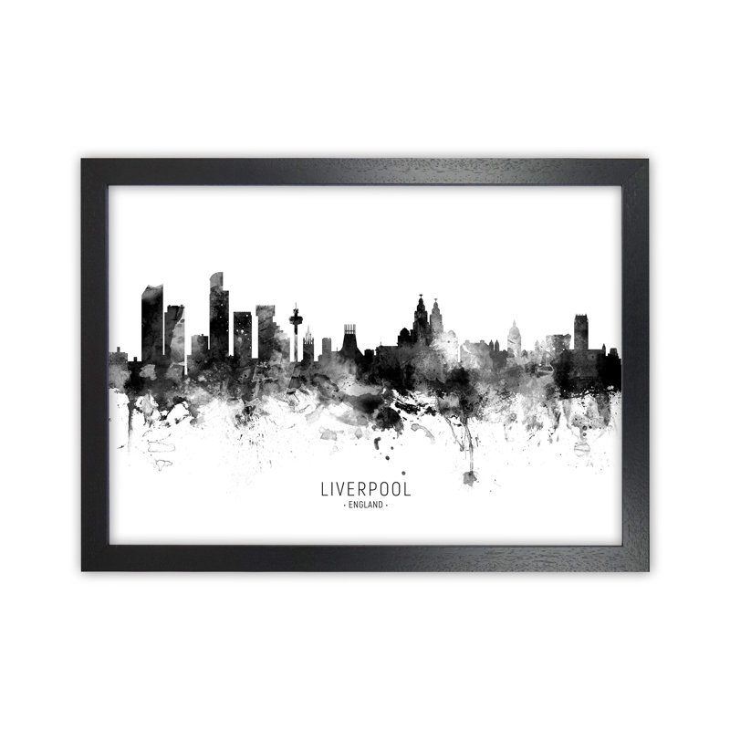 Liverpool England Skyline Black White City Name by Michael Tompsett - Print, Black Framed, 64cm H x 88cm W x 3cm D