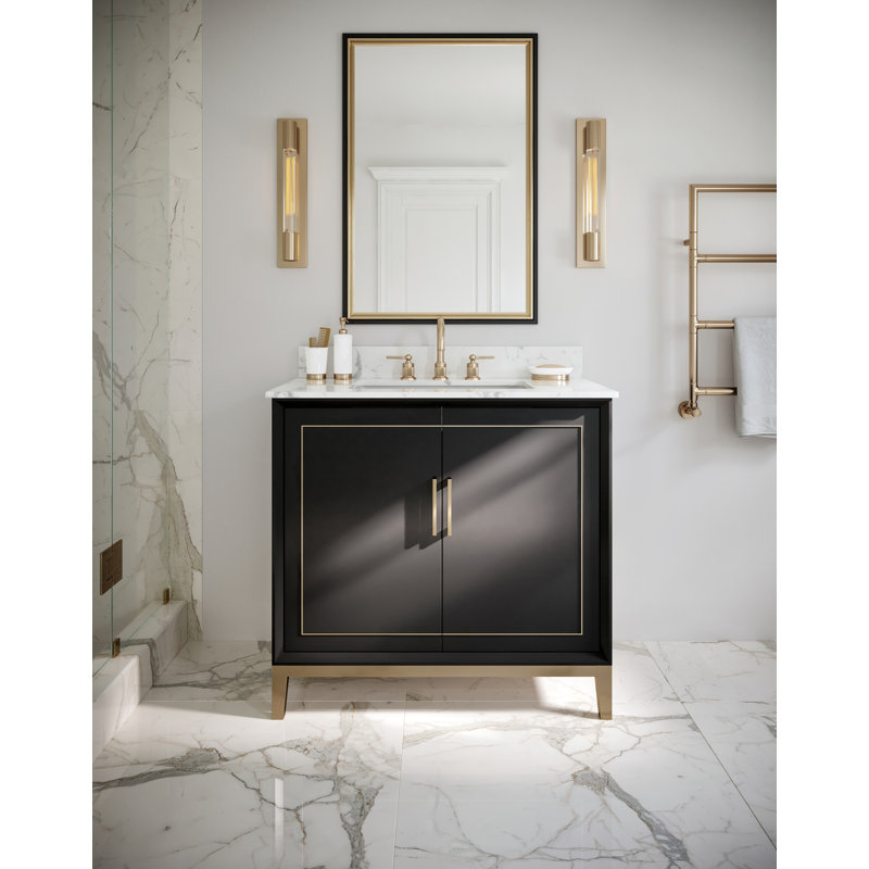 Gracie 36'' W Single Vanity, Calacatta Quartz, Midnight Black, Satin Brass