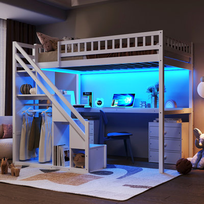 Lit mezzanine simple en bois avec bureau, deux commodes et éclairage à DEL - Lit de rangement compact, blanc