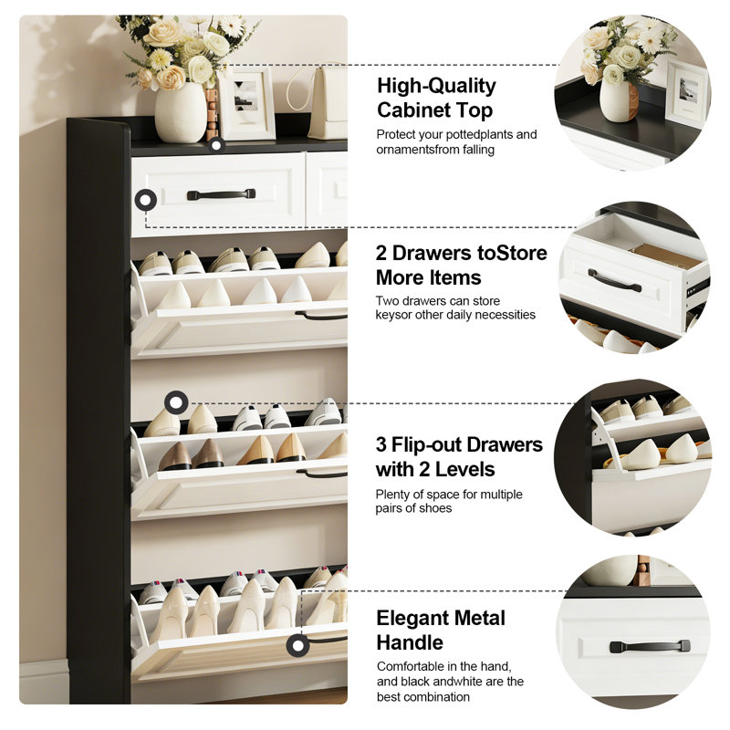 Multifunctional Narrow Flip-Flop Shoe Cabinet With 3 Doors And 2 Drawers, Freestanding Shoe Cabinet With Adjustable Dividers, For Entrance Halls And Corridors