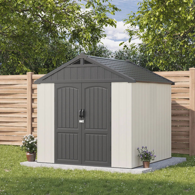 8 Ft. W X 8 Ft. D Plastic Storage Shed With Floor, Resin Shed With Reinforced Steel Structure, Beige