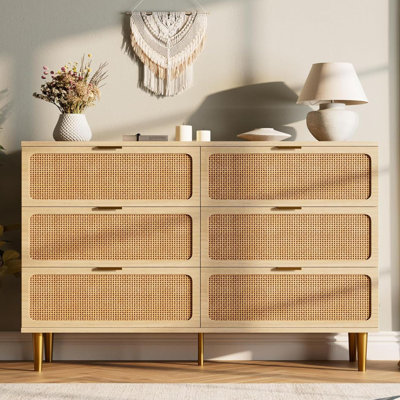 Rattan 6 Drawer Dresser For Bedroom, With Deep Drawers