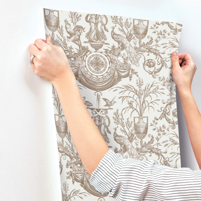 Avian Fountain Toile Wallpaper Roll, Mink