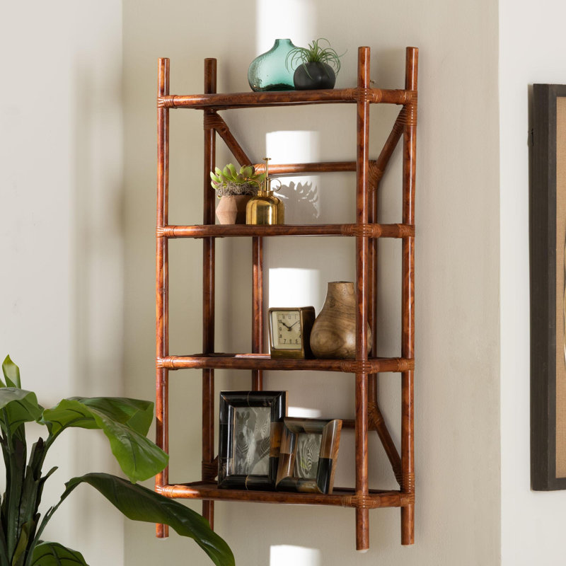Bali & pari - Étagère murale à 4 niveaux en rotin et marbre marbré - Organisateur de rangement flottant décoratif en osier pour le salon, la chambre à coucher ou le vestibule