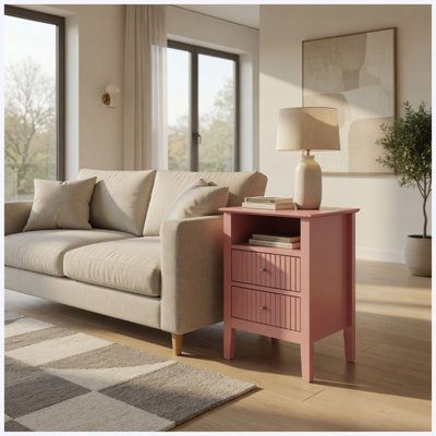 Table de chevet cannelée rose 18 po avec 2 tiroirs, table de chevet de chambre à coucher moderne, table de bout d'appoint avec rangement