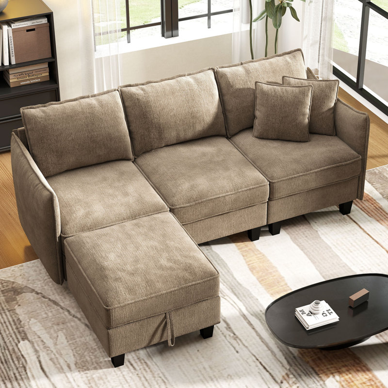 Canapé modulaire rembourré en L en chenille 85,6 po 4 places avec repose-pieds, BROWN