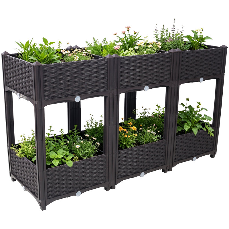 47 Inch Elevated Raised Planter Box with Drainage Plug Rattan Style Outdoor Garden Bed