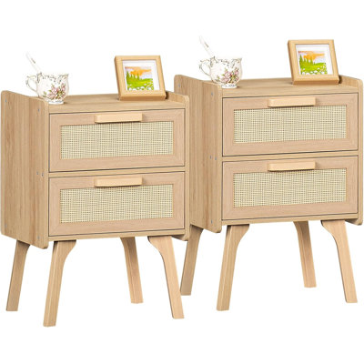 Rattan Nightstand Set Of 2, Boho Bedside Table With 2 Drawers, Cane Accent Design, Solid Wood Legs For Bedroom, Dorm, And Small Spaces