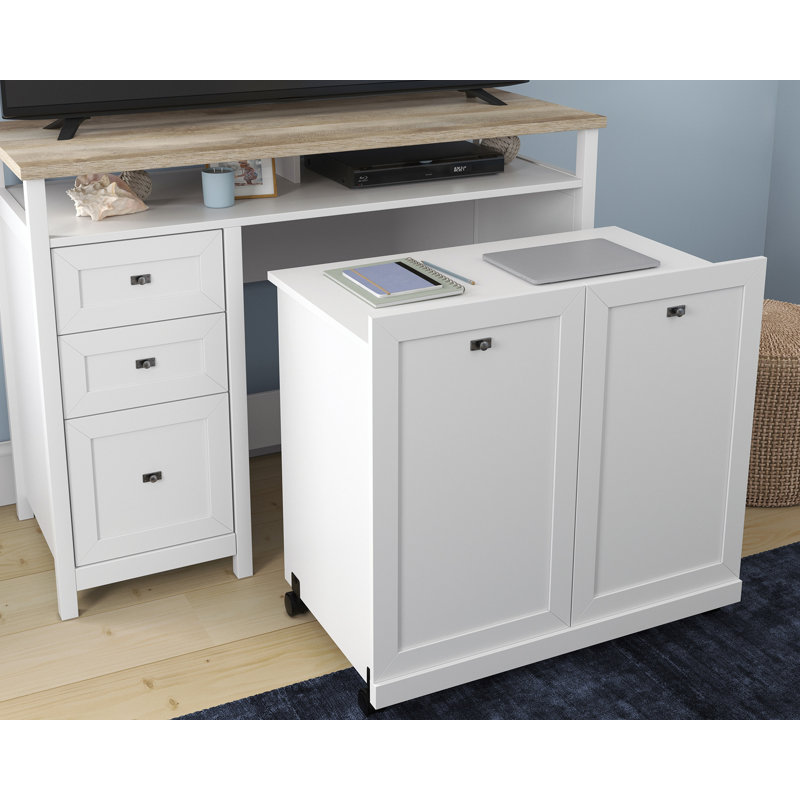 White Wood Credenza Desk with Drawer and Filing Cabinet