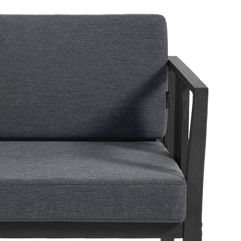 Ensemble de patio extérieur en teck Junco pour six personnes avec coussins et deux tables, Gris foncé, Noir