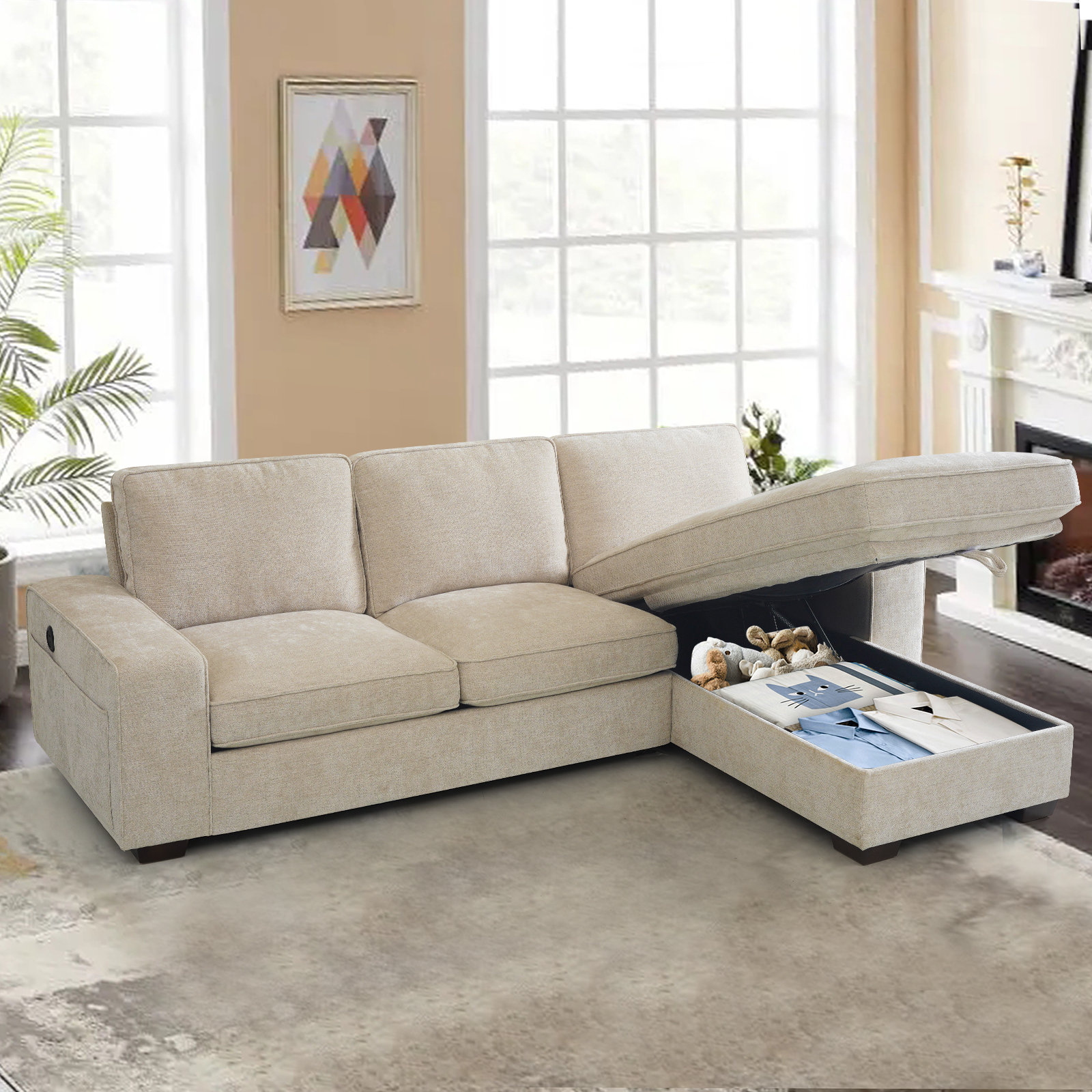 Mahwah 98'' Chenille Square Arm Sofa L-Shape Convertible Sectional Couches Sofas with Storage Chaise