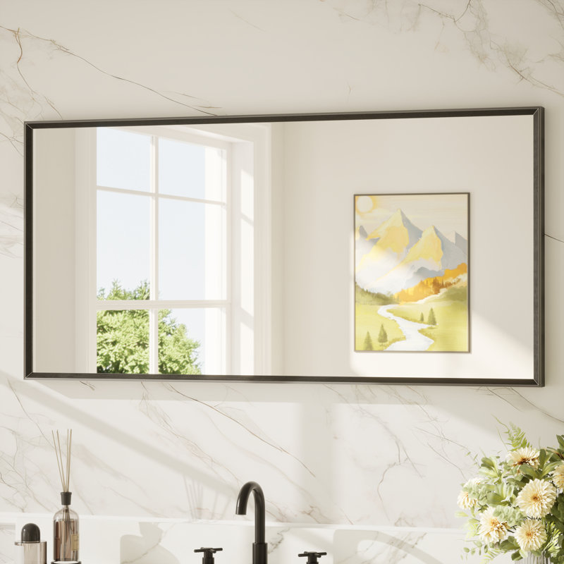 Miroir de salle de bain avec cadre en aluminium et verre trempé, 48 po x 24 po, Noir mat, Rectangulaire