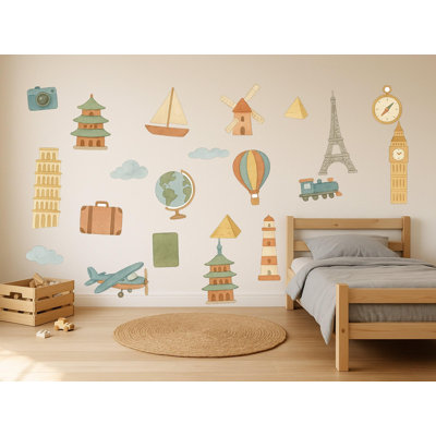 World Traveller Wall Decals, Set of 21 Peel and Stick Nursery Wall Stickers, Satin Finish Removable Kids Room Wall Art, 20"W x 20"H (50 x 50 cm)