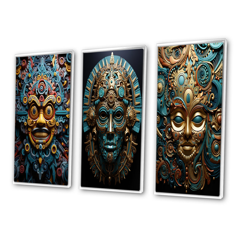 «Gold Teal Mexico Vibrant Aztec Mask», 3 pièces sur toile, H 28 po x l 36 po, Cadre flottant blanc