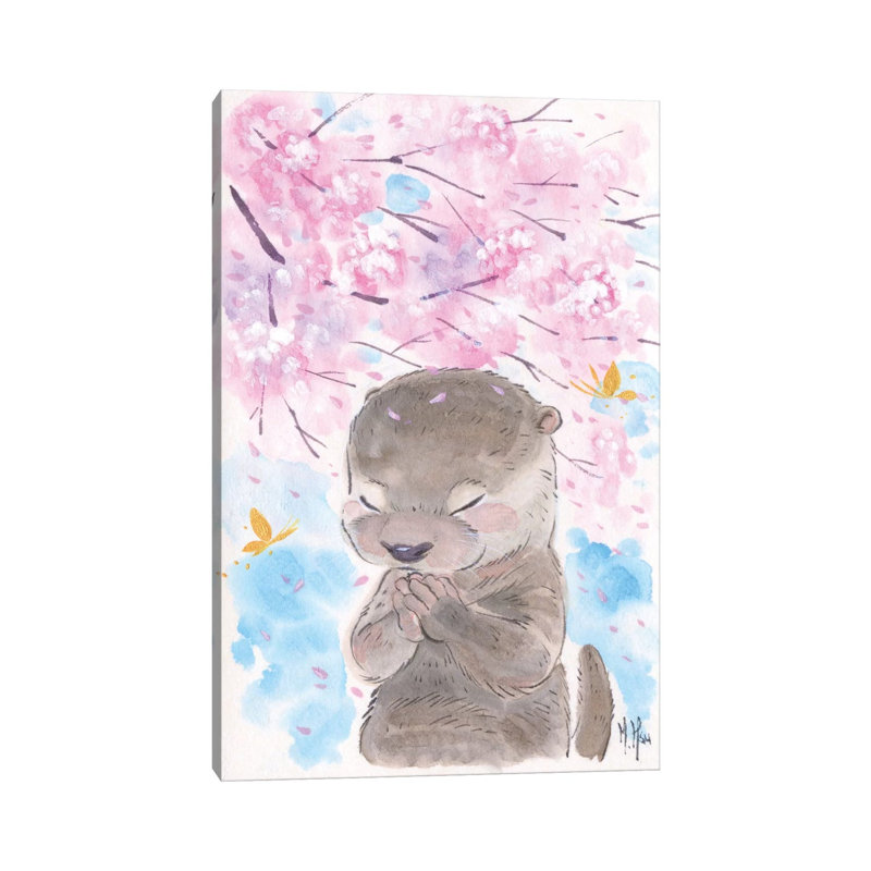 Cherry Blossom Wishes - Otter by Martin Hsu - Painting on Canvas, 20.32 cm H x 30.48 cm W, Wrapped Canvas