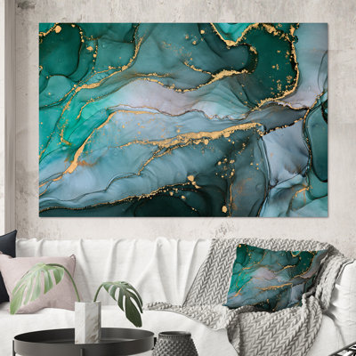 " Turquoise And Grey Luxury Abstract Fluid Art II " Painting Print