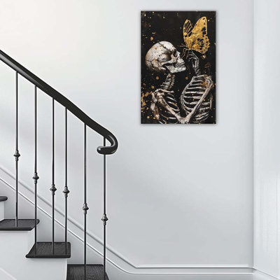 Skull Wall Art Skull And Gold Butterfly Canvas Print Abstract Modern Gothic Artwork For Bedroom.