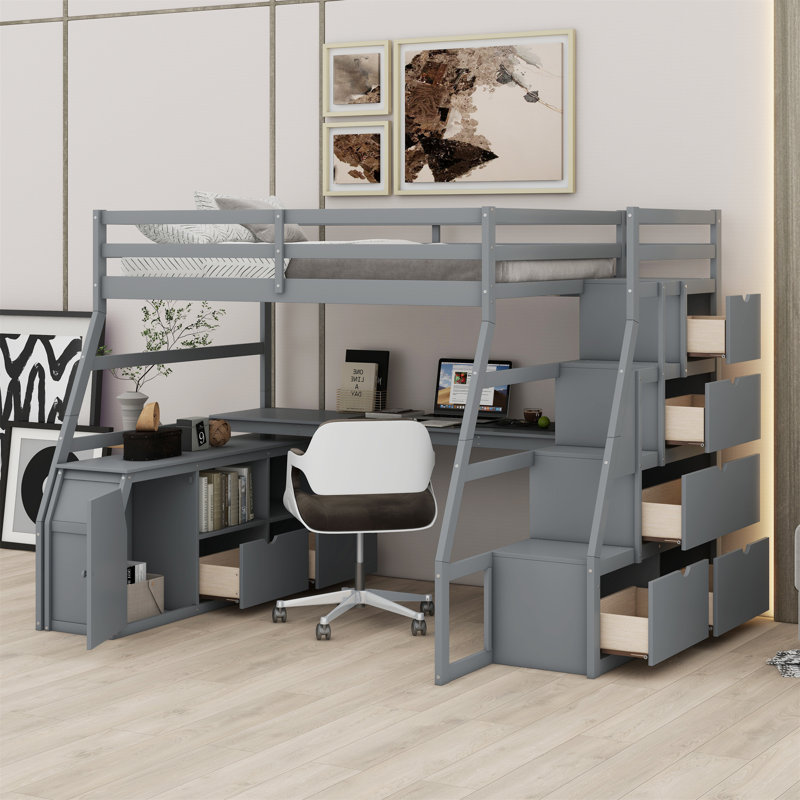 Lit mezzanine avec 7 tiroirs, 2 tablettes et un bureau, Gris