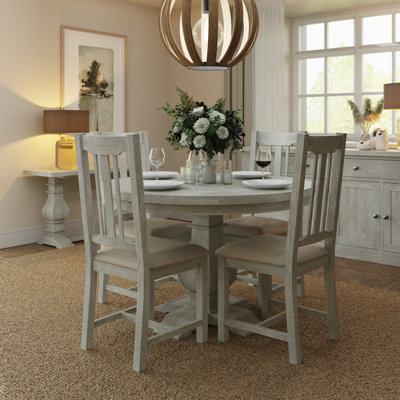 Alivia Round Dining Set Table + 4 Chairs  - Distressed Reclaimed Limewashed Pine