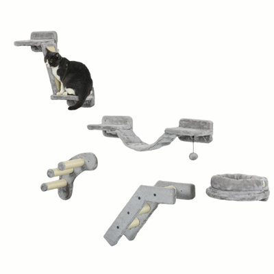 5Pcs Cat Wall Shelves, Cat Wall Furniture With Steps, Perches, Ladders, Platforms, Wall Mounted Cat Furniture With Soft Plush, Sisal, For Indoor Cats, Grey