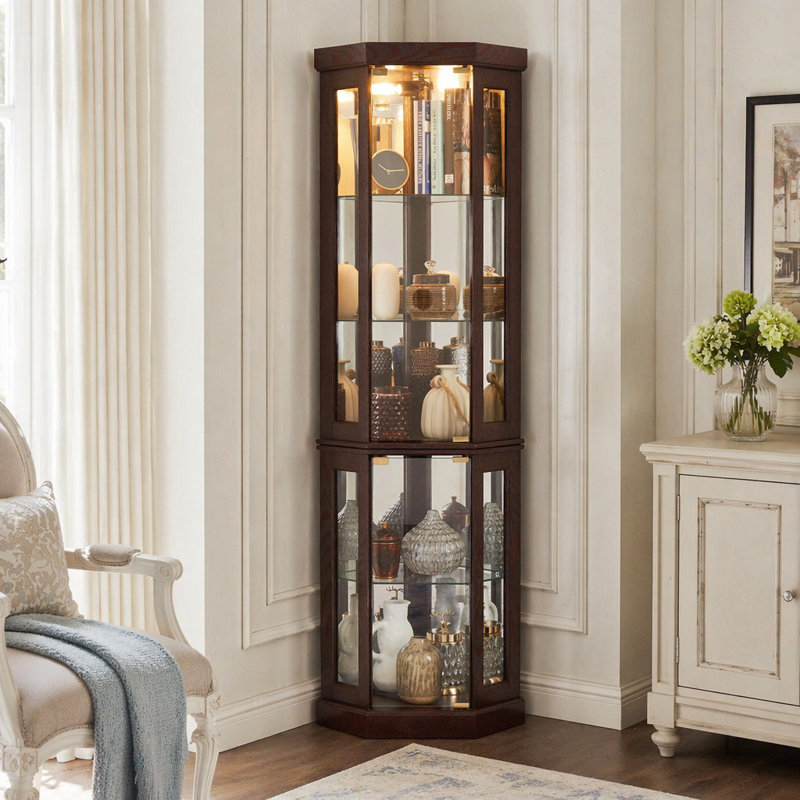 Vitrine de coin lumineuse avec tablettes réglables