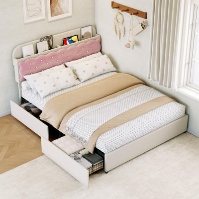 Structure de grand lit avec tête de lit en velours, 2 tiroirs de rangement, crème et rose | Tête de lit Cookie