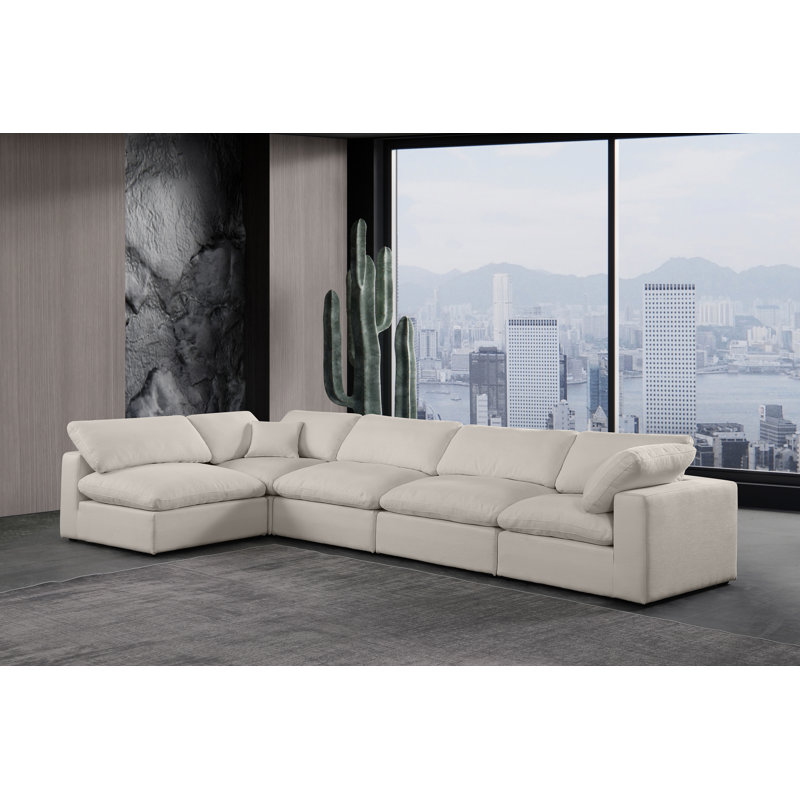 Canapé modulaire 5 pièces rembourré, Tissu beige texturé en lin