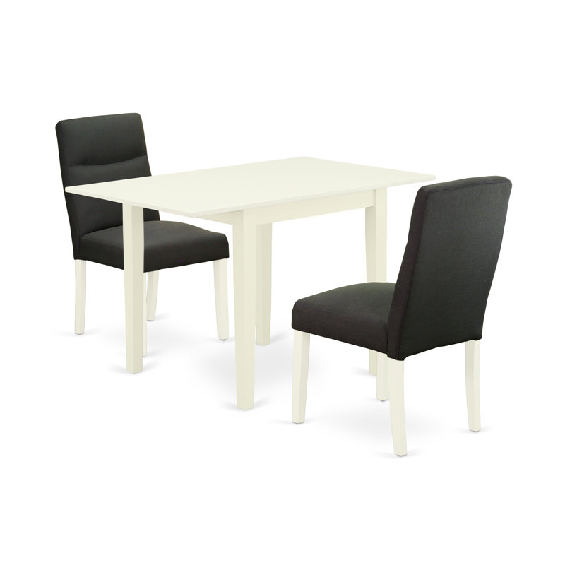 Solid Wood Top Dining Table Set, Black, Linen White, 3 Pieces: 1 Table, 2 Chairs