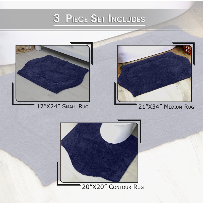 Morissette 100% Cotton Bath Rug, Non-Slip, Quicky Dry, Machine Washable, Absorbent - 3 Piece Set, Marine