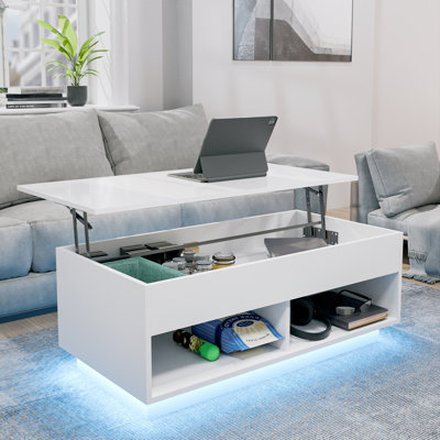 Chappa Lift Top Coffee Table with RGB LED Light Strip, Hidden Compartment & Open Shelf