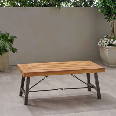 Outdoor Acacia Wood Coffee Table With Rustic Metal Frame 27.25"D X 45.75"W X 18"H