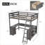 Lit mezzanine double en bois de pin avec rangement en U et bureau en forme de U, sans sommier tapissier, capacité de 550 lb, brun antique pour la chambre à coucher-588515896