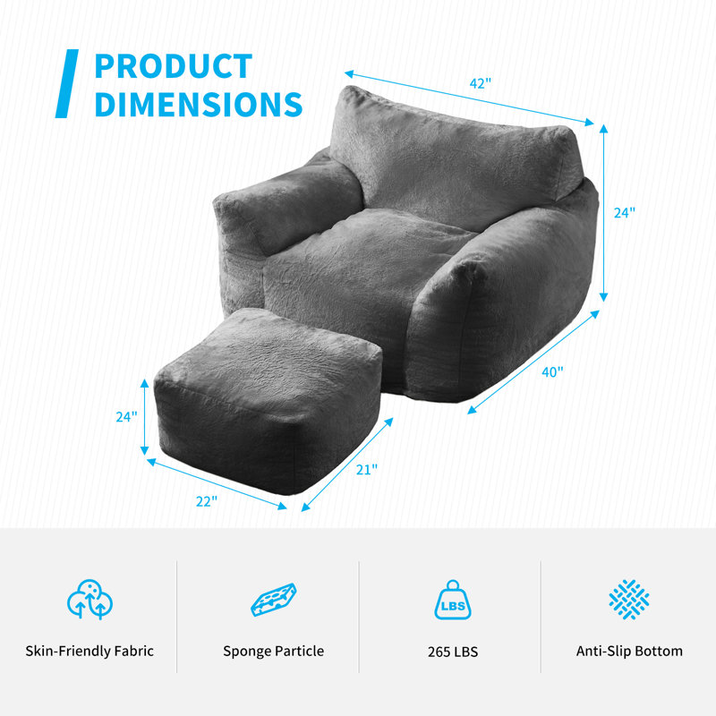 Trule Bean Bag Chair, Big Beanbag Chair With Ottoman, Oversized Adult Bean Bag Chair With Filler, Lazy Sofa Comfy Bean Bag Couch With Armrests For Dorm, Apartment, Living Room