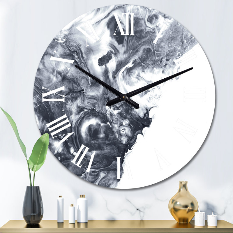 Horloge murale moderne noir et blanc argenté abstrait I, Surdimensionné