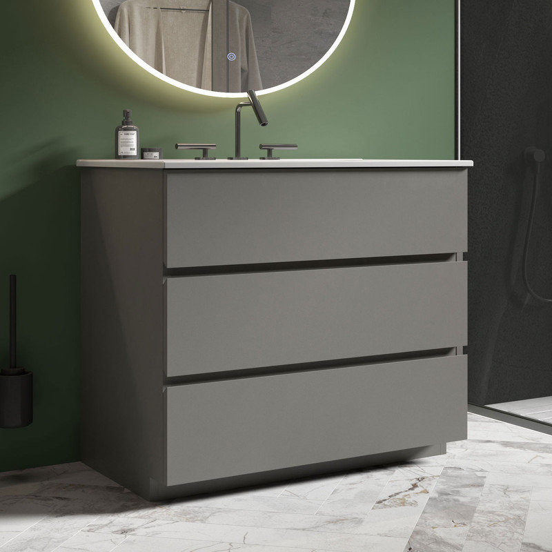 Meuble-lavabo simple avec plateau en céramique Derrance, Gris, 36"