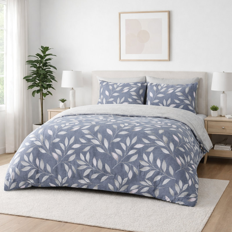 Blue Leaf Print Reversible Duvet Cover Set, Superking