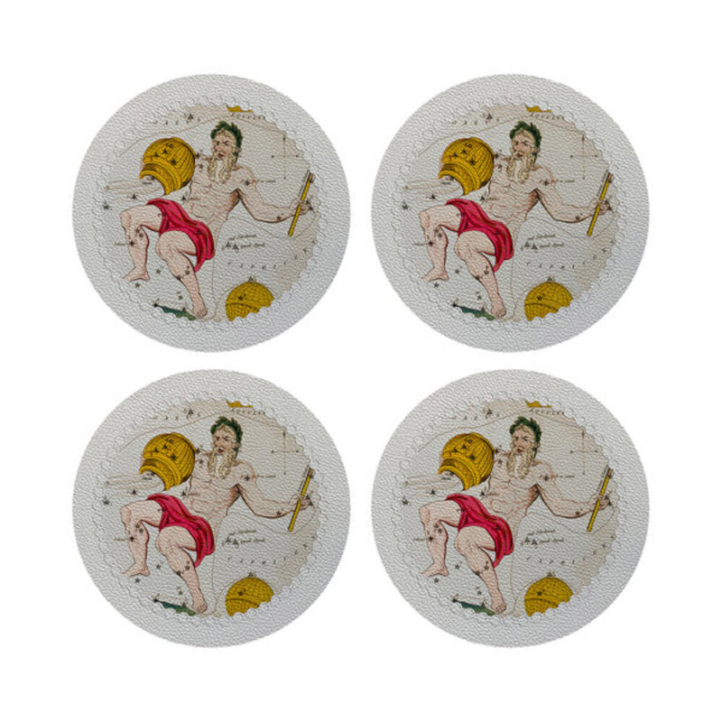 Zodiac Aquarius White Vegan Leather Round Coasters, White